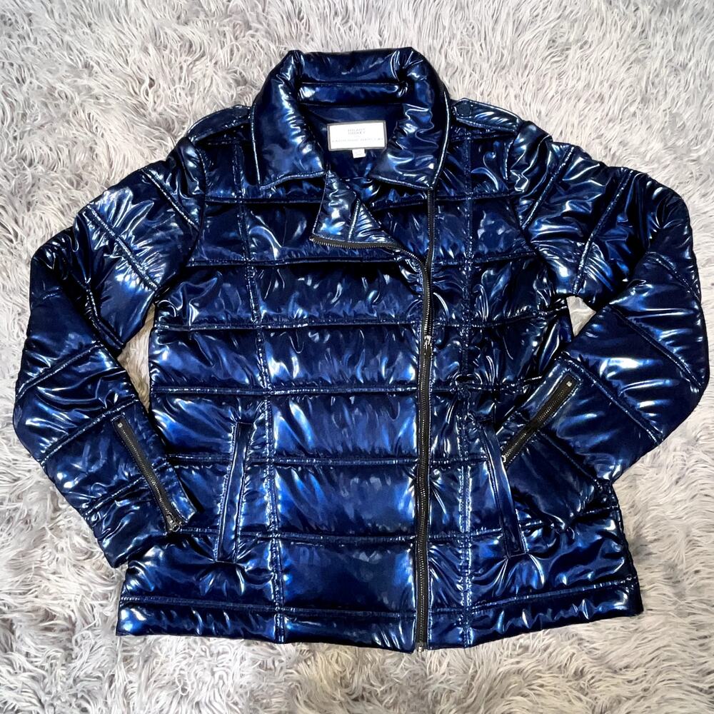 Hilary Radley Katherine Barclay Navy Metallic Quilted Puffer Jacket Womens L